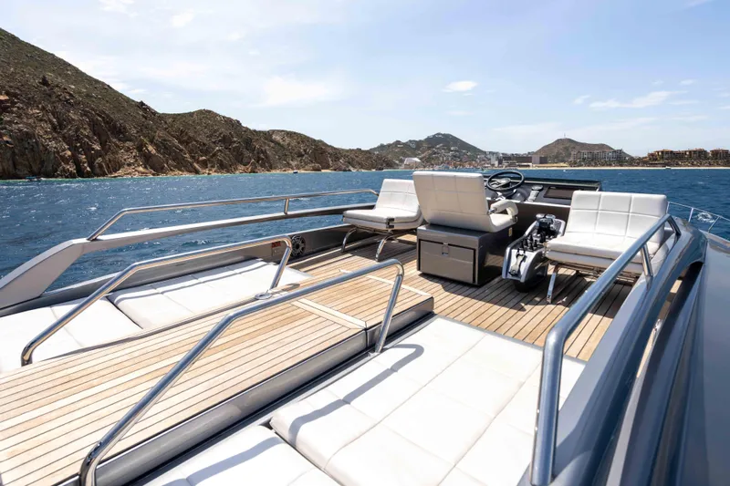 One Spin 2 Yacht Photos Pics Luxurious 2017 Pershing 74 yacht deck with scenic ocean and mountain views.