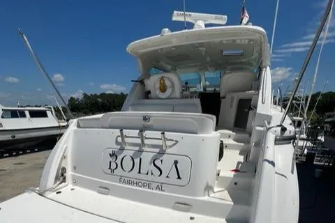  Yacht Photos Pics 2007 Tiara Yachts 4300 Sovran docked, rear view with "Bolsa" nameplate, Fairhope, AL.