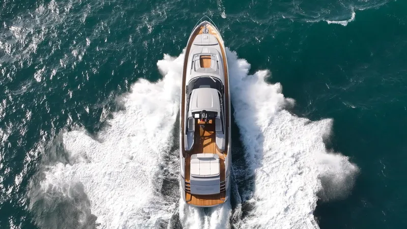 Bellissima Yacht Photos Pics Luxury yacht Riva 88 Florida cruising on open sea, aerial view, 2017 model.