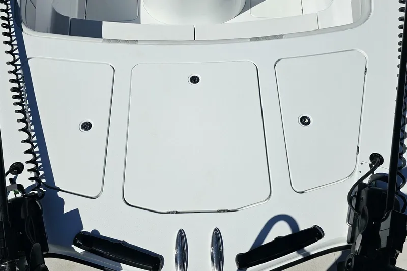  Yacht Photos Pics 2025 Costa Custom Boats 34ST deck with storage compartments and sleek design.