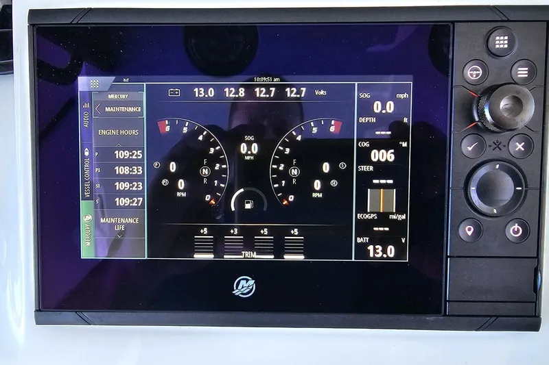  Yacht Photos Pics Digital dashboard of 2025 Costa Custom Boats 34ST, displaying engine and navigation data.