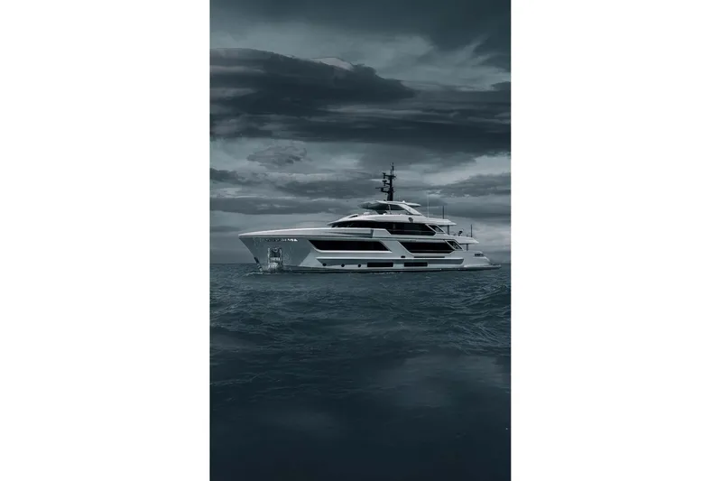 Stellamar Yacht Photos Pics Luxurious 2023 Cantiere Delle Marche RJ 115 yacht on open sea under dramatic sky.