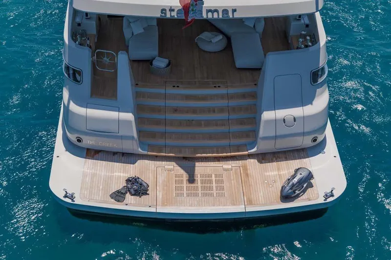 Stellamar Yacht Photos Pics Luxury yacht Cantiere Delle Marche RJ 115, 2023 model, with spacious deck and ocean backdrop.
