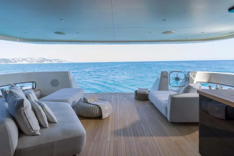 Stellamar Yacht Photos Pics Luxurious 2023 Cantiere Delle Marche RJ 115 yacht deck with ocean view and comfortable seating.