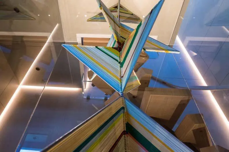 Stellamar Yacht Photos Pics Colorful geometric sculpture inside Cantiere Delle Marche RJ 115 yacht, 2023 model.