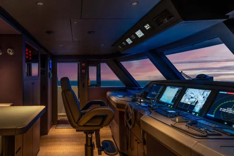Stellamar Yacht Photos Pics Bridge of 2023 Cantiere Delle Marche RJ 115 yacht at sunset, featuring advanced navigation systems.
