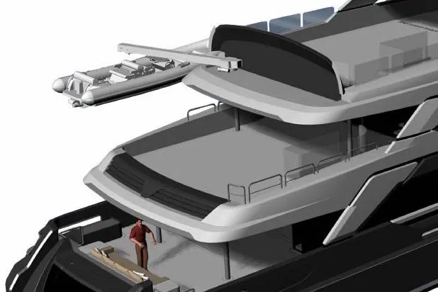 Stellamar Yacht Photos Pics 2023 Cantiere Delle Marche RJ 115 yacht design with upper deck and tender boat.