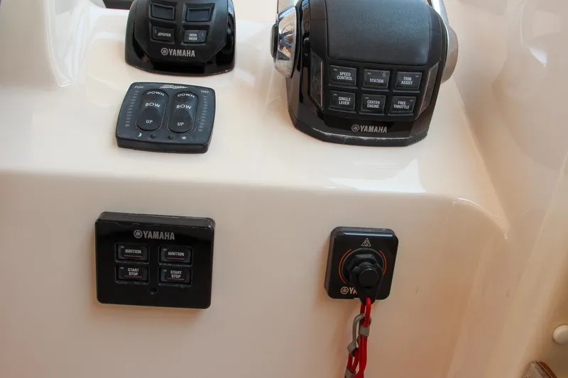 Marleon Yacht Photos Pics Control panel of 2014 Grady-White Freedom 307 boat with Yamaha controls.