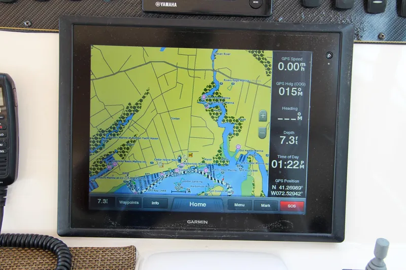 Marleon Yacht Photos Pics Garmin GPS display on 2014 Grady-White Freedom 307 boat dashboard.