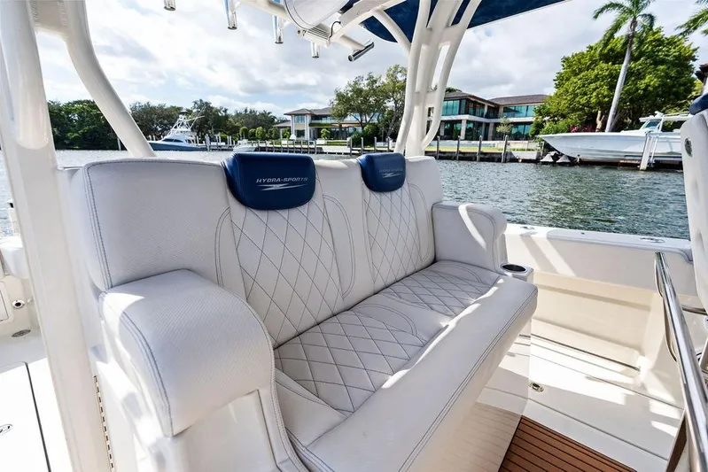 Acevedo Yacht Photos Pics Luxurious seating on 2016 Hydrosport Siesta boat with waterfront view.