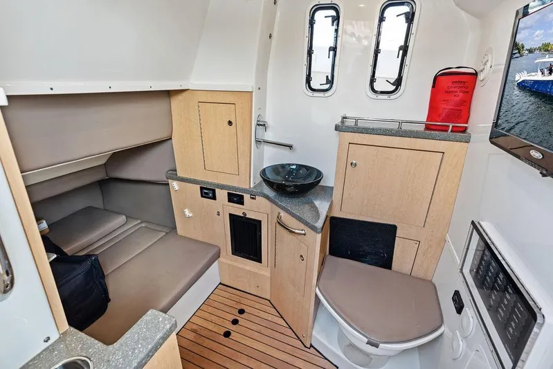 Acevedo Yacht Photos Pics 2016 Hydrosport Siesta cabin interior with modern amenities and compact design.