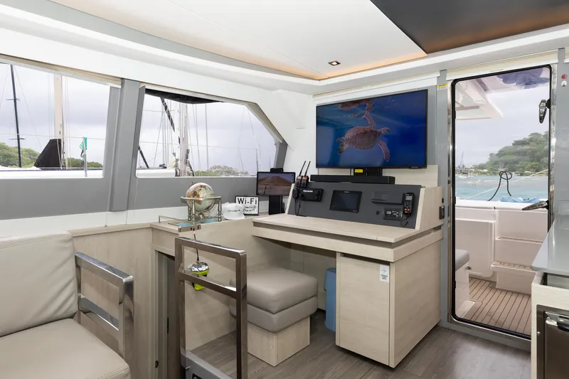  Yacht Photos Pics Interior of 2021 Leopard 50 yacht with modern navigation equipment and comfortable seating.