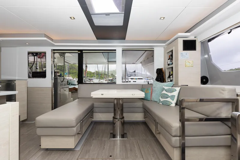  Yacht Photos Pics Luxurious interior of a 2021 Leopard 50 yacht with modern seating and decor.