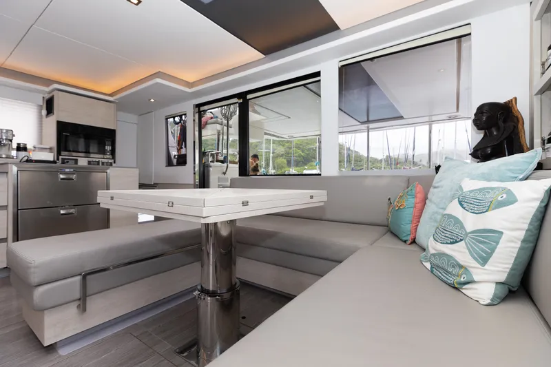  Yacht Photos Pics Luxurious interior of 2021 Leopard 50 yacht with modern seating and decor.