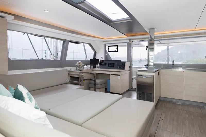  Yacht Photos Pics Luxurious interior of 2021 Leopard 50 yacht with modern furnishings and panoramic windows.