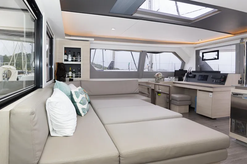  Yacht Photos Pics Luxurious interior of a 2021 Leopard 50 yacht with modern seating and decor.