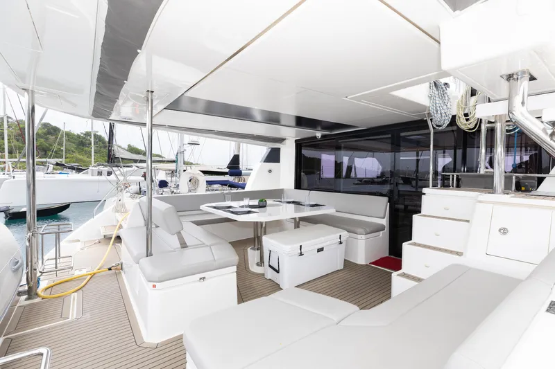  Yacht Photos Pics Luxurious interior of a 2021 Leopard 50 yacht with modern seating and sleek design.