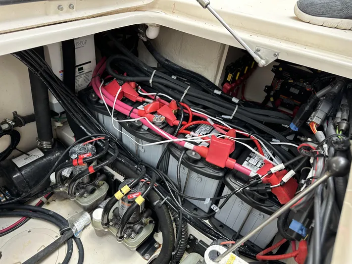 37 Grady White Freedom Yacht Photos Pics Electrical system of a 2017 Grady-White Freedom 375 boat, featuring batteries and wiring.
