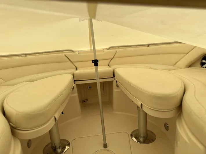 37 Grady White Freedom Yacht Photos Pics 2017 Grady-White Freedom 375 boat interior with beige seating and canopy.