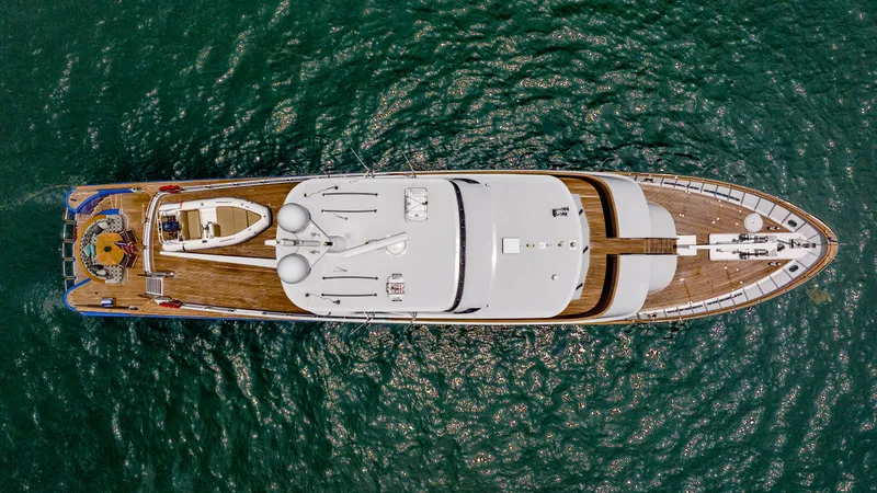 Bravo Yacht Photos Pics Aerial view of 1975 Stephens Brothers Expedition yacht on water.