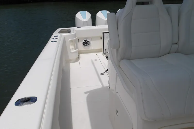  Yacht Photos Pics 2022 SeaVee 370z boat interior with white seating and dual engines.