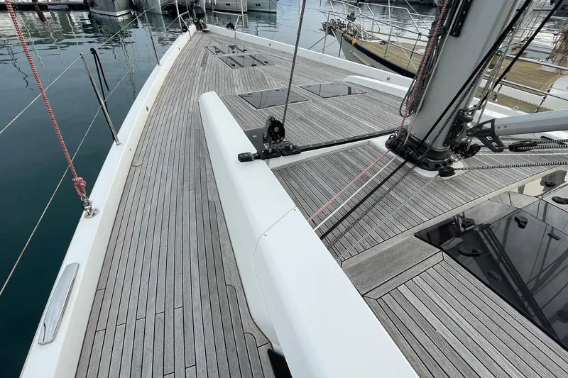  Yacht Photos Pics Deck of 2018 Hanse 588 yacht with sleek wooden finish and rigging details.