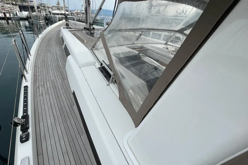  Yacht Photos Pics 2018 Hanse 588 yacht deck with sleek design and marina view.