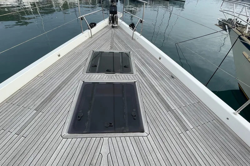  Yacht Photos Pics Deck of 2018 Hanse 588 yacht with sleek design and glass hatches.