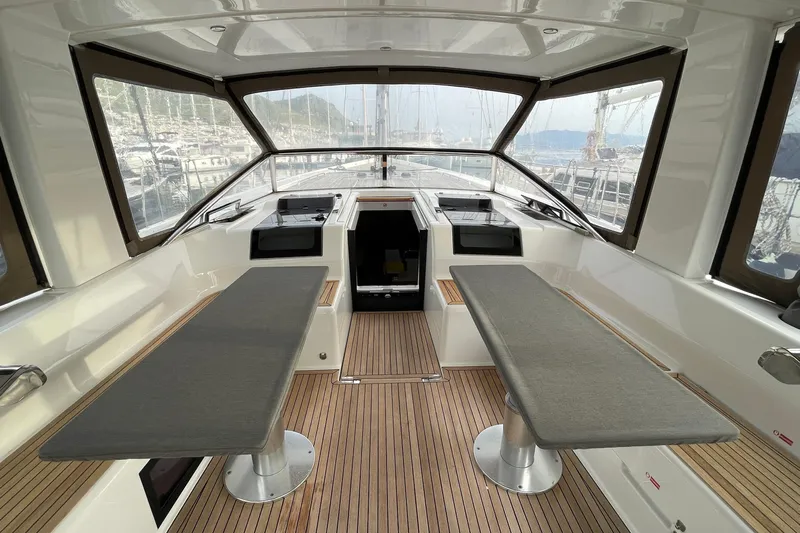  Yacht Photos Pics Interior view of 2018 Hanse 588 yacht cockpit with seating and navigation area.