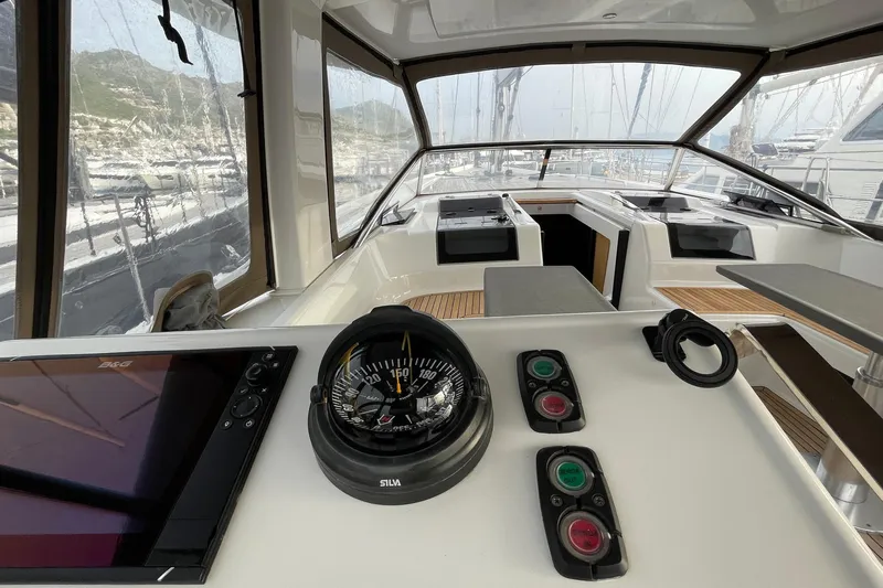  Yacht Photos Pics Interior view of 2018 Hanse 588 yacht cockpit with navigation instruments.