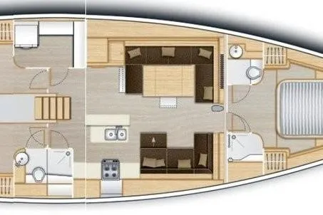  Yacht Photos Pics Floor plan of a 2018 Hanse 588 yacht, featuring cabins, bathrooms, and a central living area.