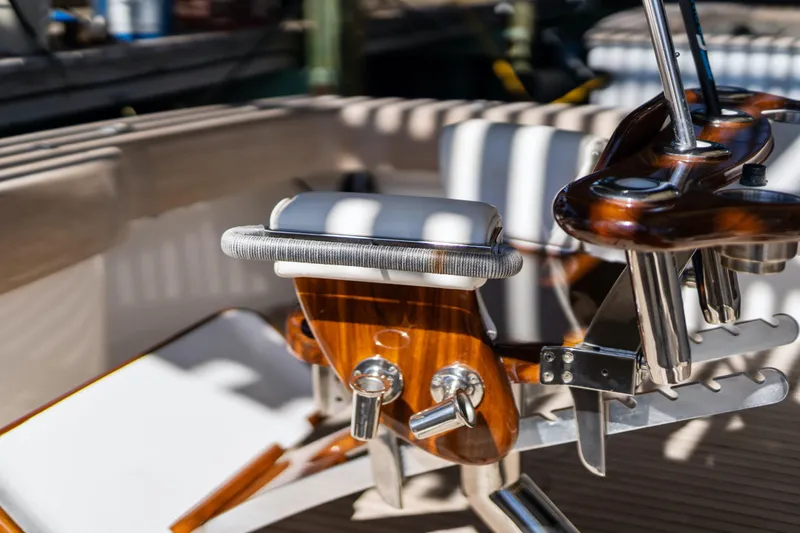 Unleashed Yacht Photos Pics Luxurious interior of 2007 Viking 56 Convertible yacht with polished wood and metal details.