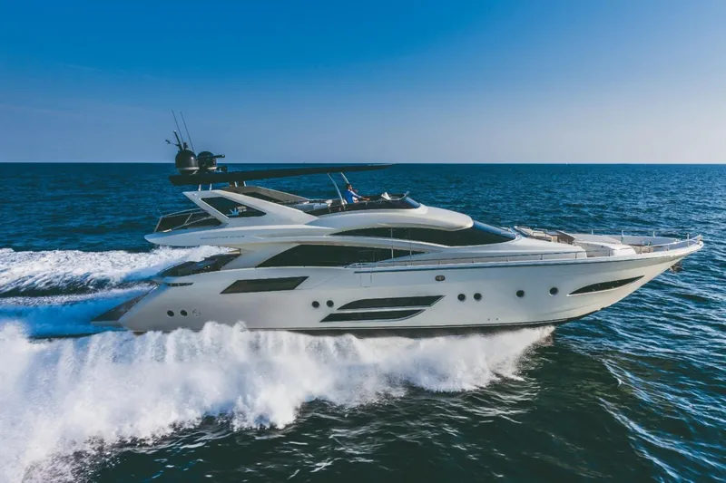  Yacht Photos Pics Luxury Dominator 800 yacht cruising on open sea, 2015 model.