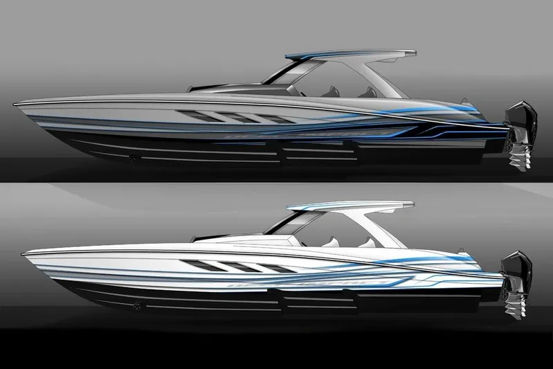  Yacht Photos Pics Futuristic 2027 Deep Impact speedboat design with sleek lines and modern aesthetics.