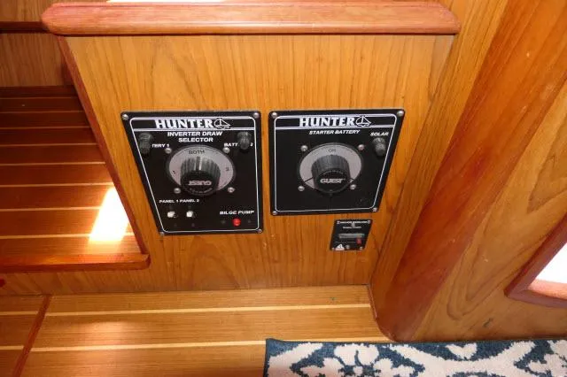 Ale Er Ron Yacht Photos Pics Hunter 460 yacht control panel, featuring inverter draw and starter battery selectors, 2000 model.