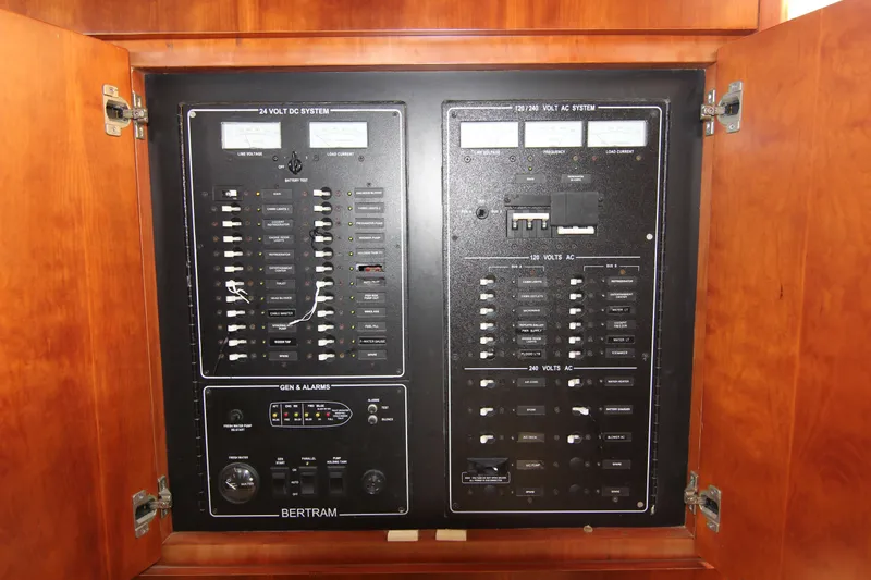 Bloody Knuckles Yacht Photos Pics Electrical panel inside a 2008 Bertram 360 boat, featuring AC and DC systems.