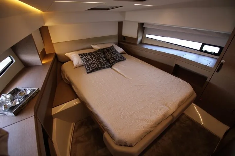 Skylark Yacht Photos Pics Luxurious bedroom interior of 2018 Prestige 460 S yacht with modern design.
