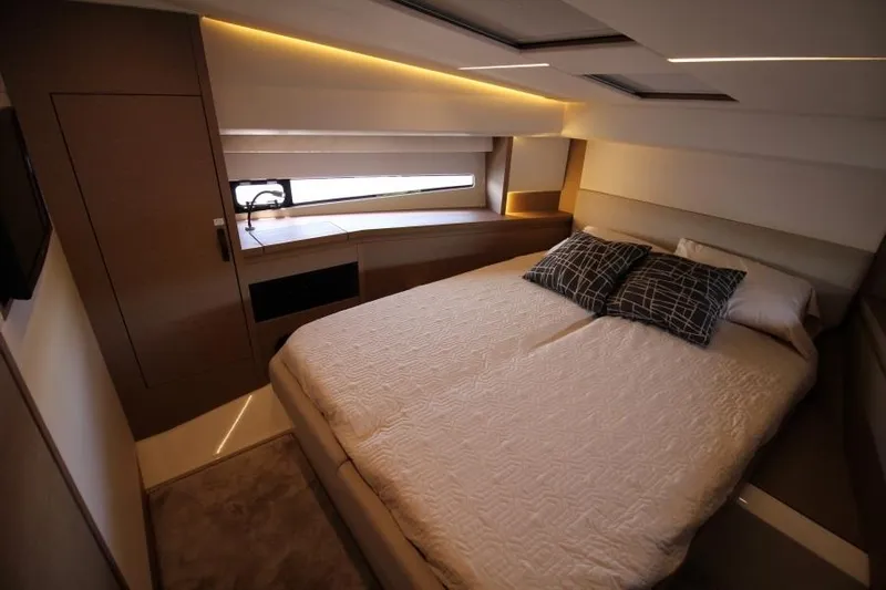 Skylark Yacht Photos Pics Luxurious bedroom interior of 2018 Prestige 460 S yacht with modern design.
