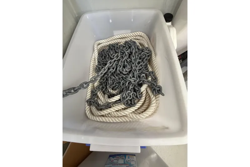 Dauntless Yacht Photos Pics Rope and chain in a container on a 2024 Seawind 1370 boat.