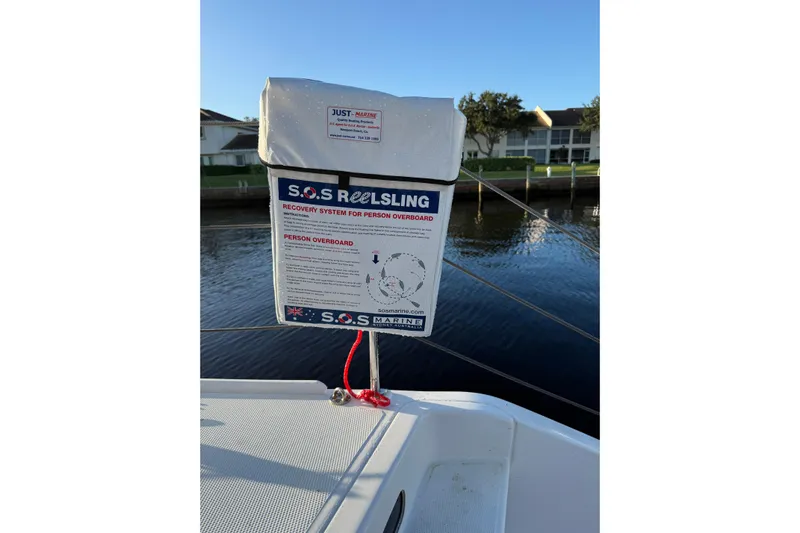 Dauntless Yacht Photos Pics S.O.S. Reelsling recovery system on 2024 Seawind 1370 yacht, dockside view.