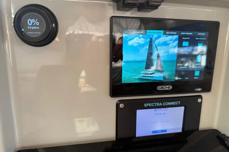 Dauntless Yacht Photos Pics Control panel of 2024 Seawind 1370 catamaran with digital displays and sailing interface.