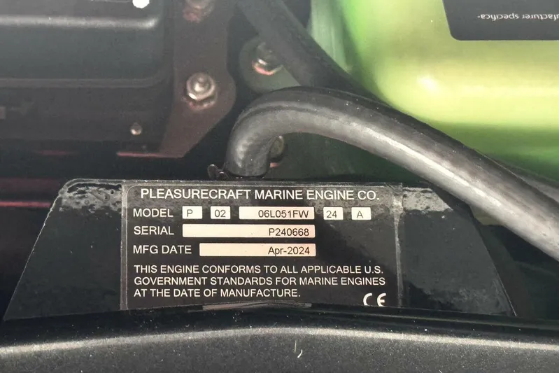  Yacht Photos Pics Label on Pleasurecraft Marine Engine, model P02, serial P240668, manufactured April 2024.
