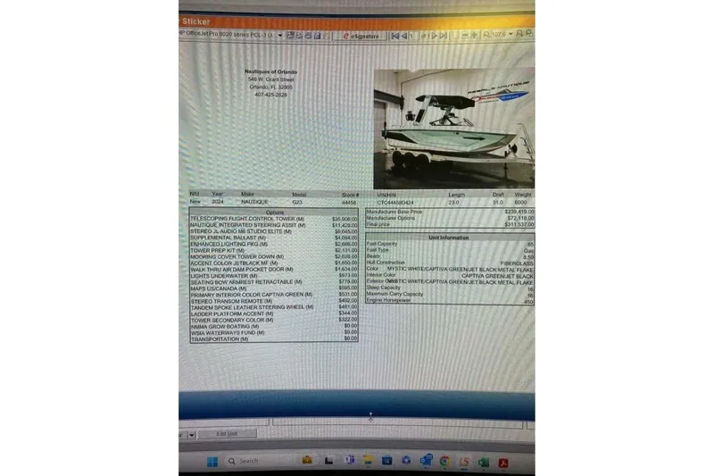  Yacht Photos Pics 2024 Nautique Super Air Nautique G23 boat specifications and pricing details displayed on a computer screen.