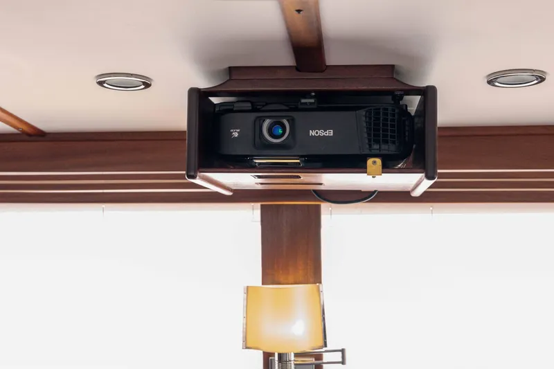 Take 2 Yacht Photos Pics Ceiling-mounted Epson projector inside 2015 Nordic Tug 44 yacht interior.