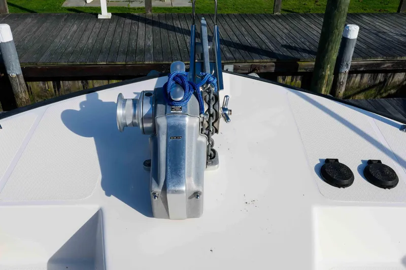 Take 2 Yacht Photos Pics Bow of 2015 Nordic Tug 44 with anchor winch and chain.