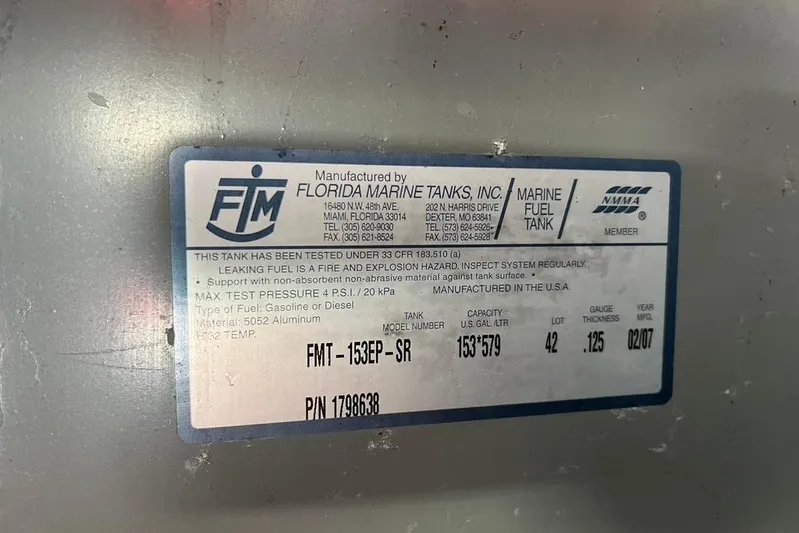 Production Office Yacht Photos Pics Label on a 2007 Sea Ray 36 Sedan Bridge marine fuel tank by Florida Marine Tanks.