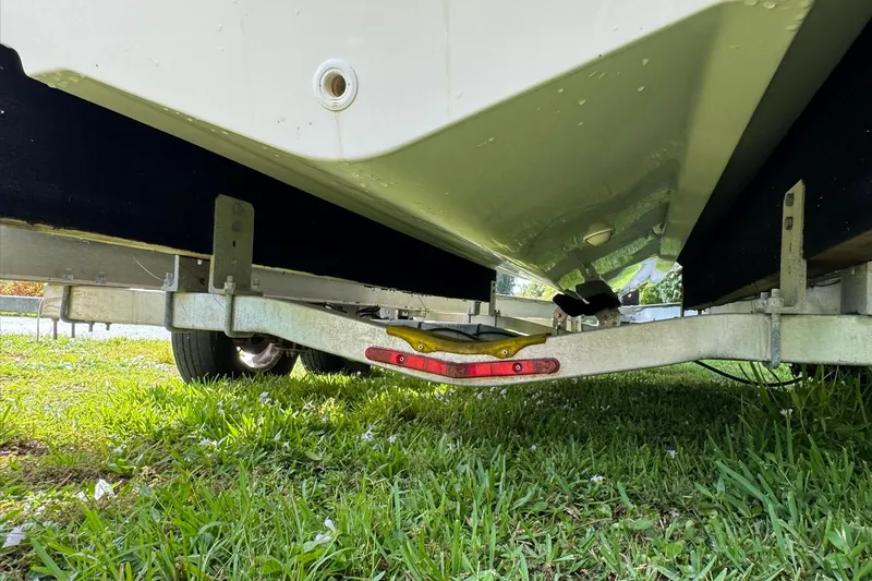  Yacht Photos Pics Underneath view of a 2019 Boston Whaler 230 Vantage on a trailer.