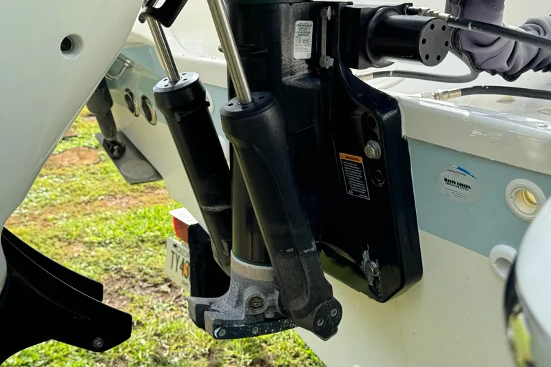 Yacht Photos Pics Close-up of 2019 Boston Whaler 230 Vantage boat engine mount and hydraulic system.