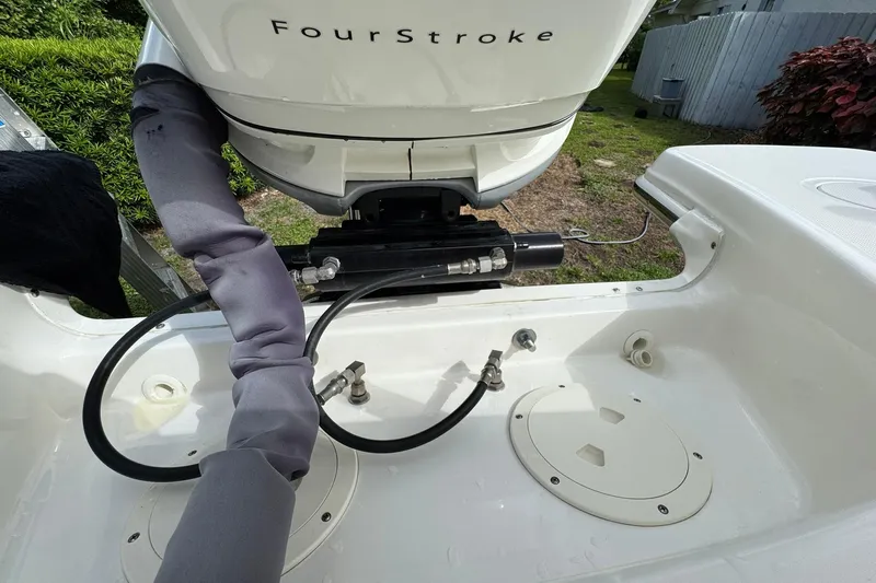  Yacht Photos Pics 2019 Boston Whaler 230 Vantage boat engine compartment with FourStroke motor.