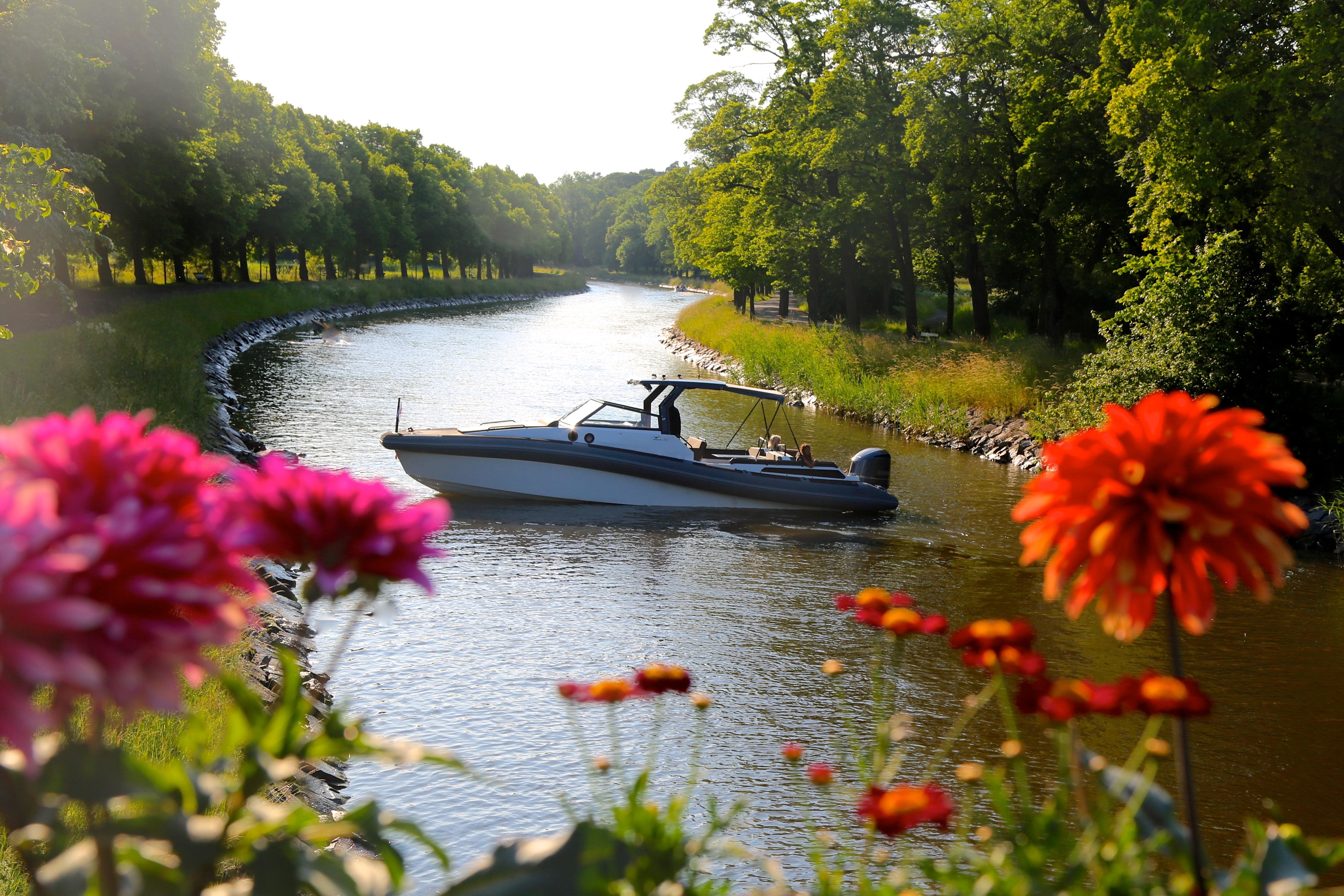 AGAPI 950 boat cruising on a scenic river, surrounded by vibrant flowers and lush greenery.